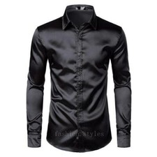 Men's Satin Dress Silk Smooth Men Shirt Slim Fit Wedding Party Shirts Colors