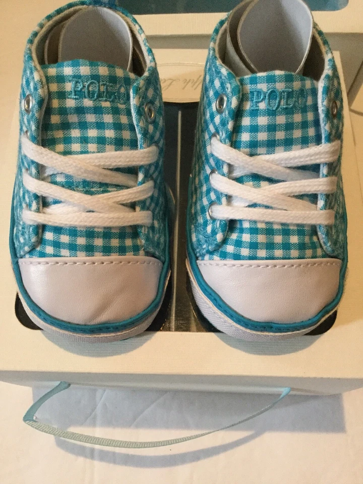 Tênis Polo Ralph Lauren bebê menino menina 3-6 meses azul Gingham branco porto - Imagem 2 de 4