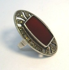 925 Sterling Silver and Carnelian and Marcasite Ring w European Marks