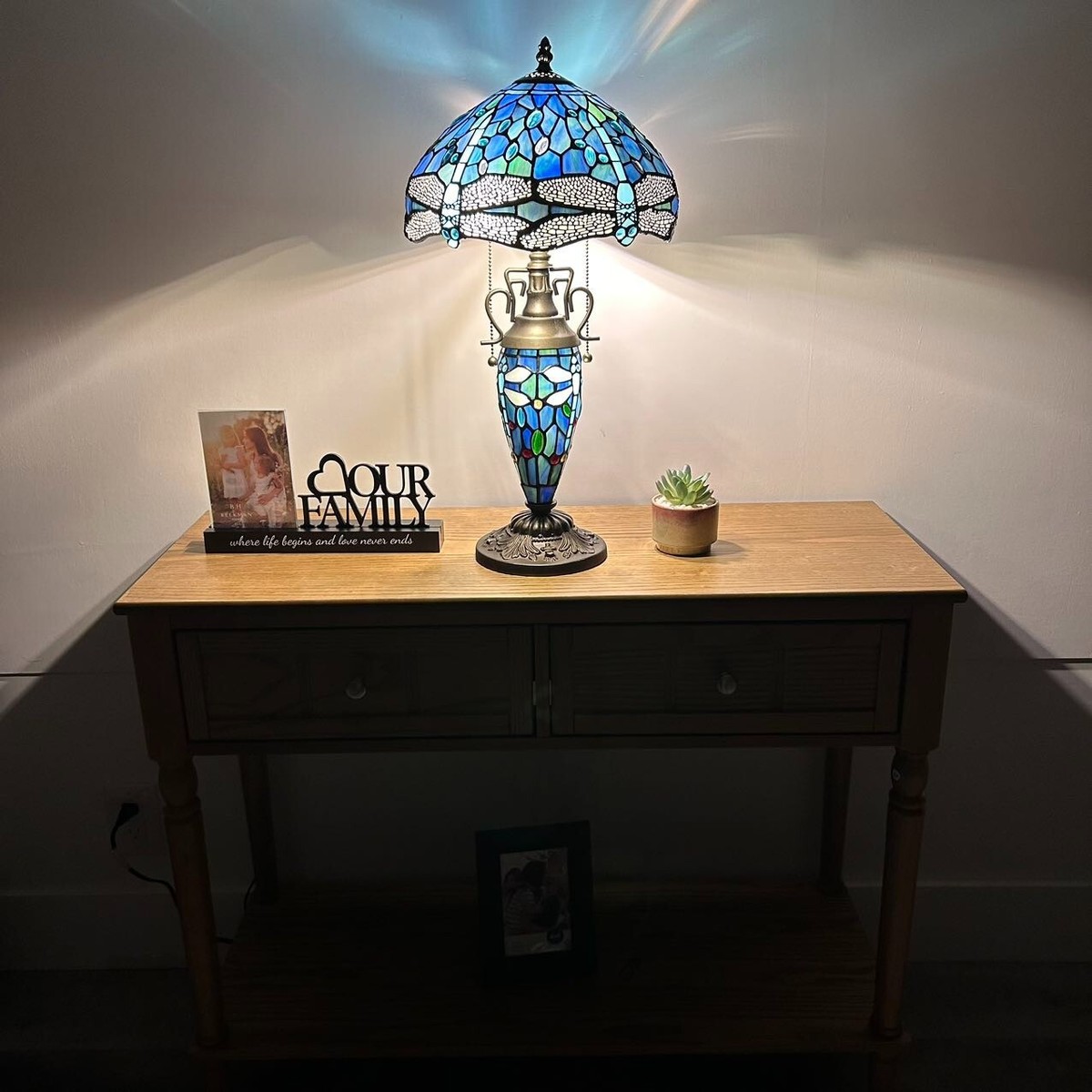 Tiffany Style Table Lamp Blue Stained Glass Mother-Daughter Vase