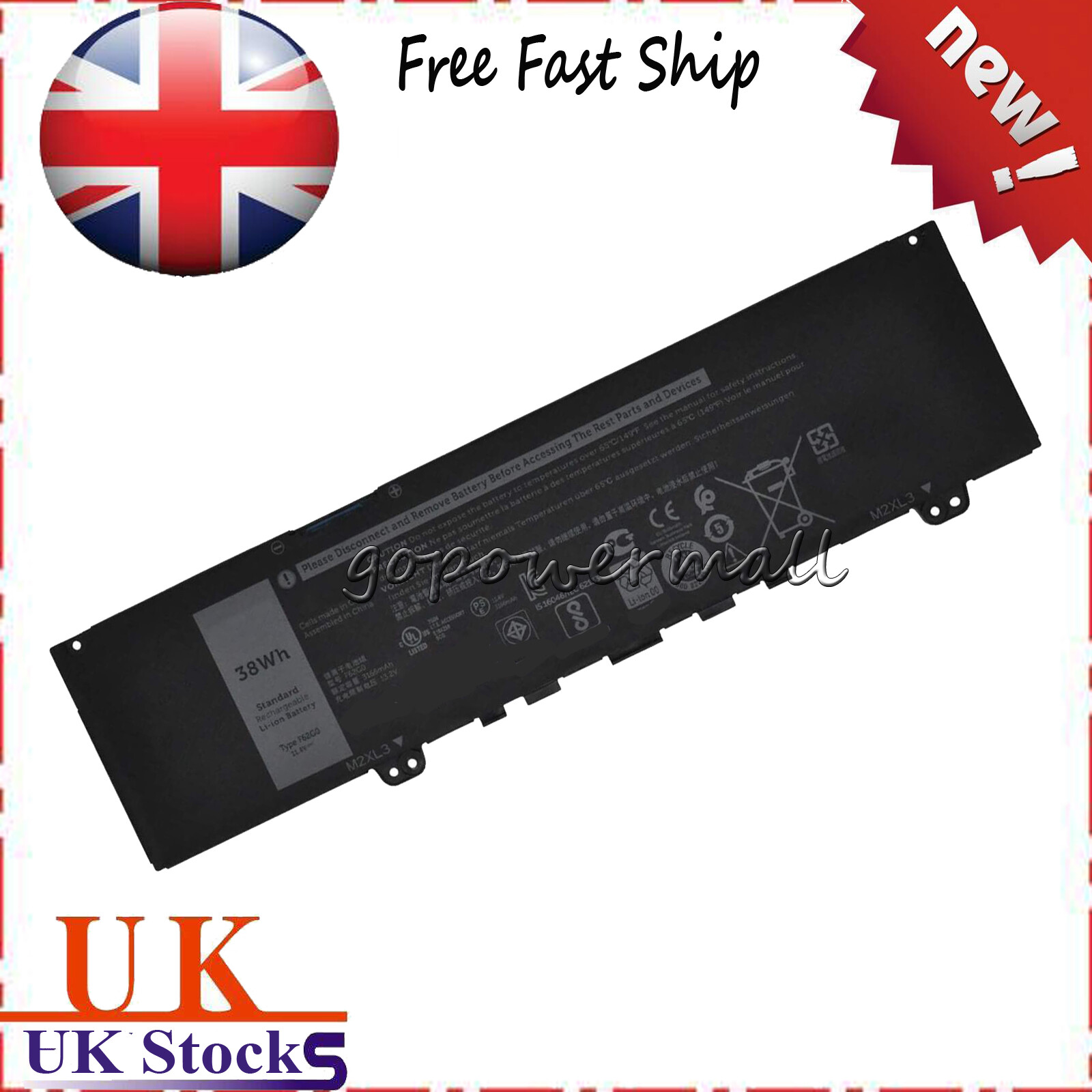 New F62G0 F62GO Battery for Inspiron 13 7000 7373 7370 Vostro 13 5000 5370