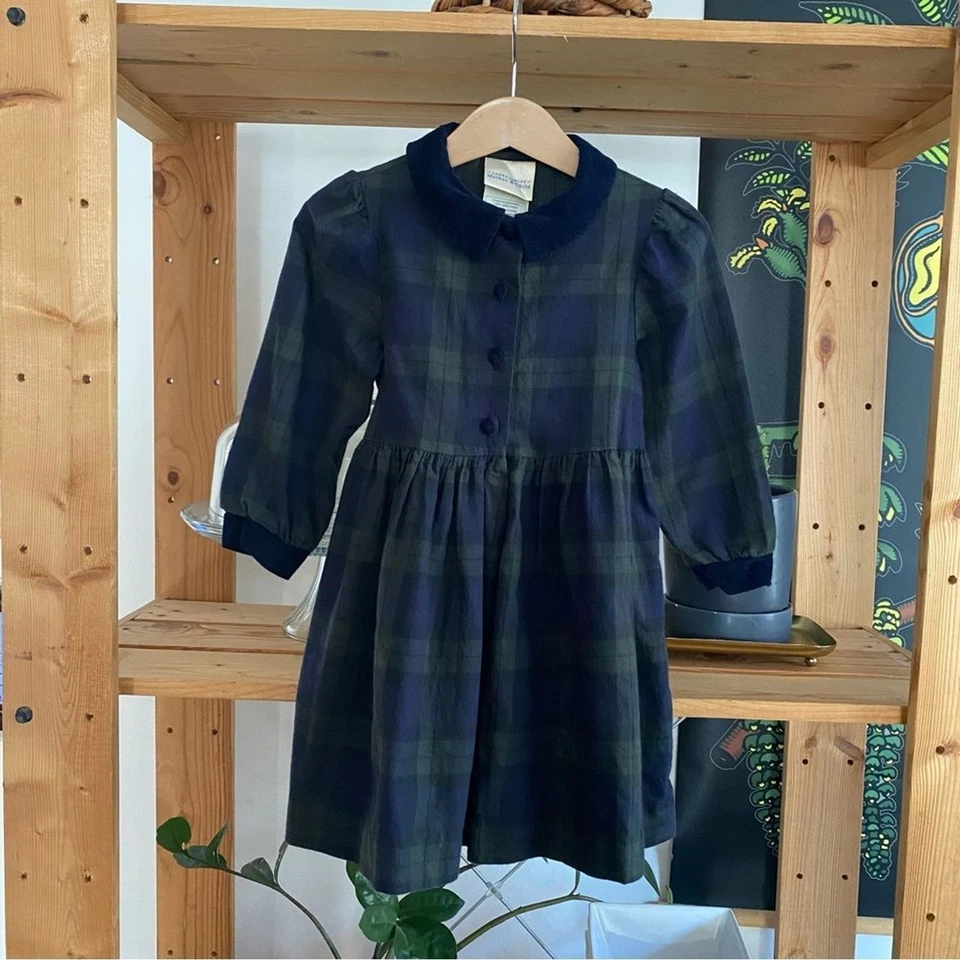 复古 Laura Ashley 母婴绿色海军蓝格子长袖连衣裙 — 第 2/4 张图片