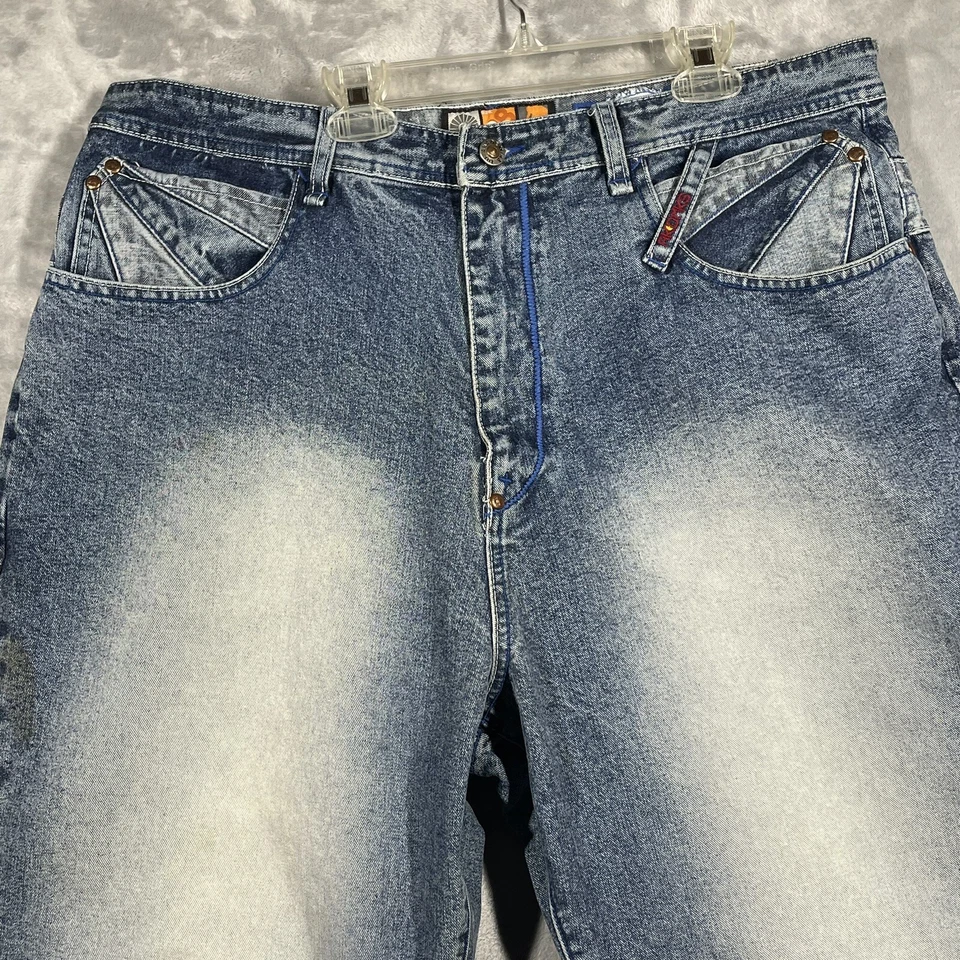 Pantalones de mezclilla Akademiks para hombre 38x32 Y2k holgados pierna ancha hip hop skate grunge años 90 vintage Foto 3 de 4