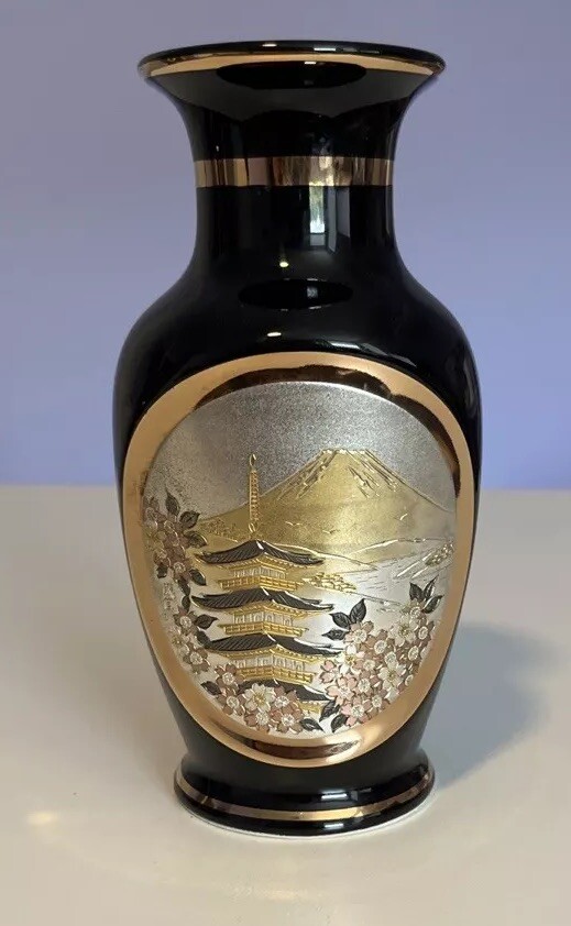 Chokin Art Vase 24K Gold & Silver On Black Glossy Glass
