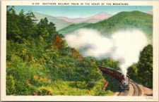 Southern Railway Train Heart of Mountains VTG Linen Postcard Unposted A15