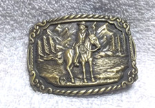 Gold Cowboy Riding in Outdoor Mountain Engraved Clamp Belt Buckle Vintage
