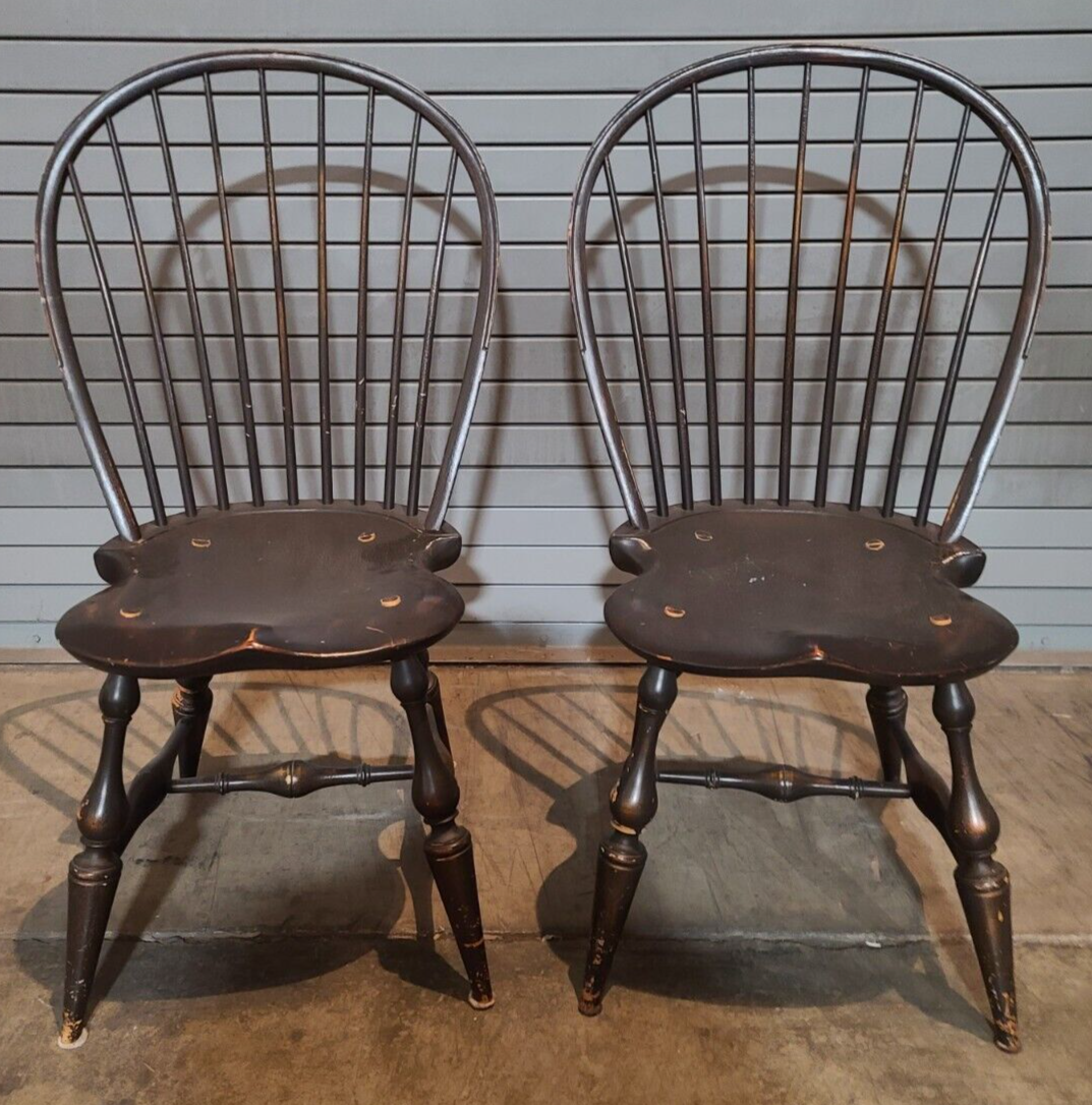 Pair of Dimes Bow Back Windsor Chairs Bench Made Black Crackle Finish