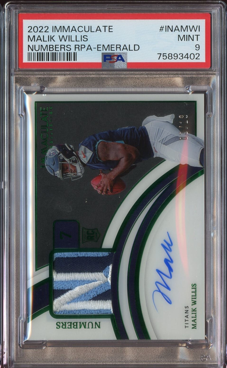 Malik Willis Panini Immaculate Collection Immaculate Numbers Rookie Patch Autographs #INAMWI Emerald