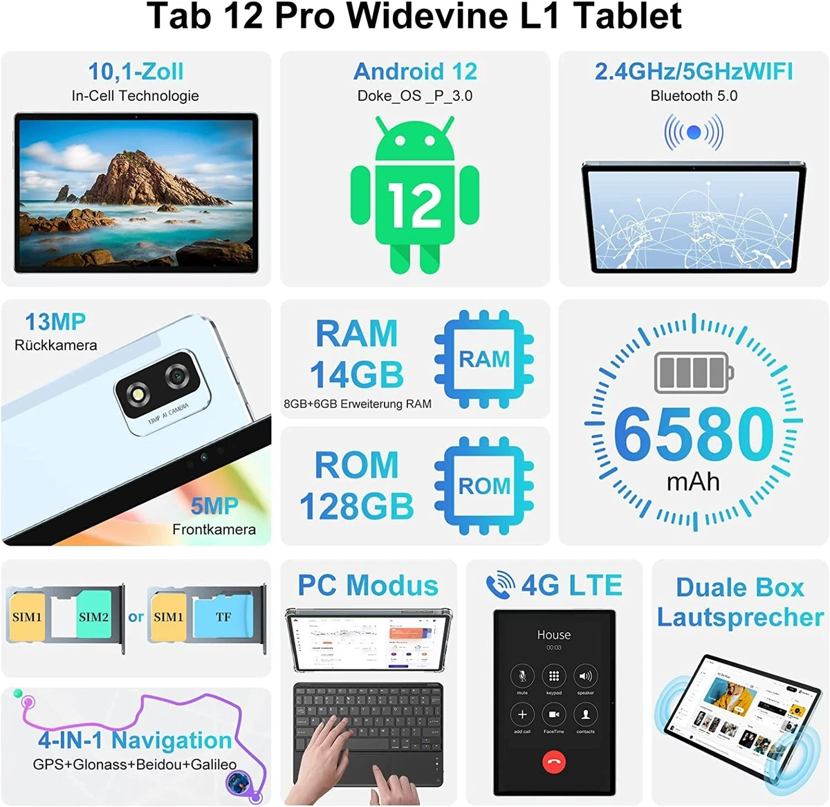 Blackview Tab 12 PRO 14GB+128GB(1TB TF) Android 12 Tablet Pad Dual SIM Wifi 5G