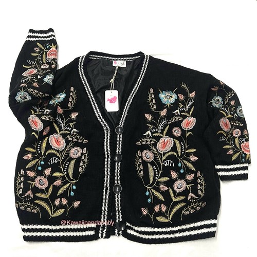Anthropologie Chunky Oversized Floral Embroidered Black Cardigan Sweater Size M