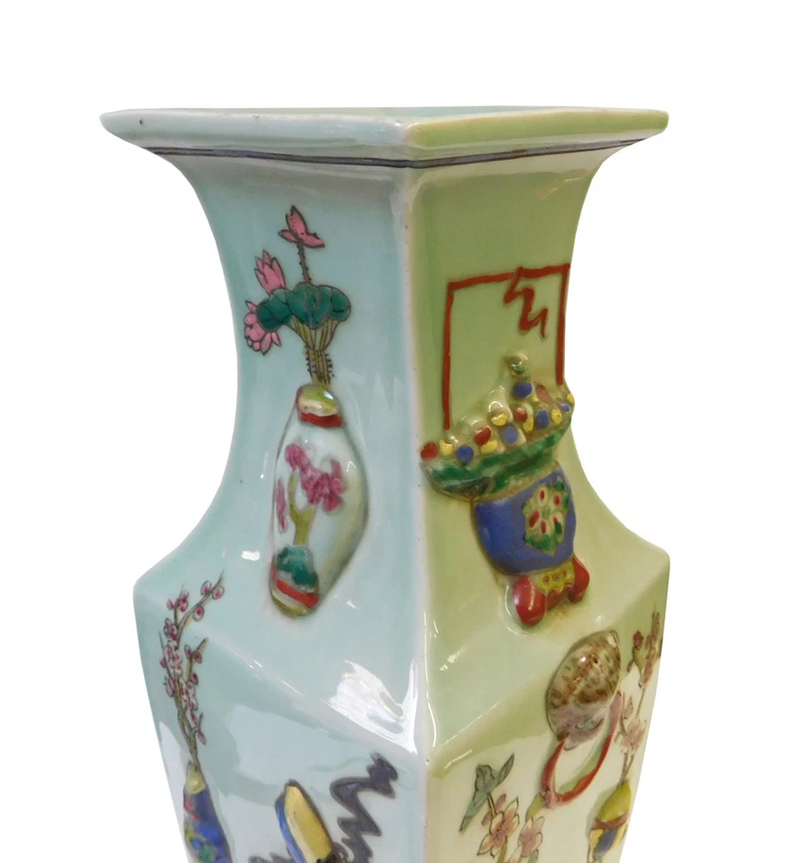 Jarrón de porcelana cuadrado gráfico color dimensional verde claro chino cs1430 Foto 4 de 4