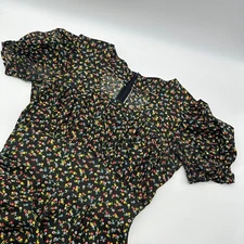 Vintage Floral Prairie Dress Puff Sleeves Yellow Black Handmade Hillbilly Flower