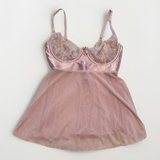 Y2K Coquette Women  s Pink Babydoll Top/Lingerie Sheer Mesh Lace Med Soft Girl