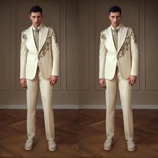 Wide Peak Lapel Men's Suits 2Pcs Beaded Sequins Appliques Coat Ivory Jacket