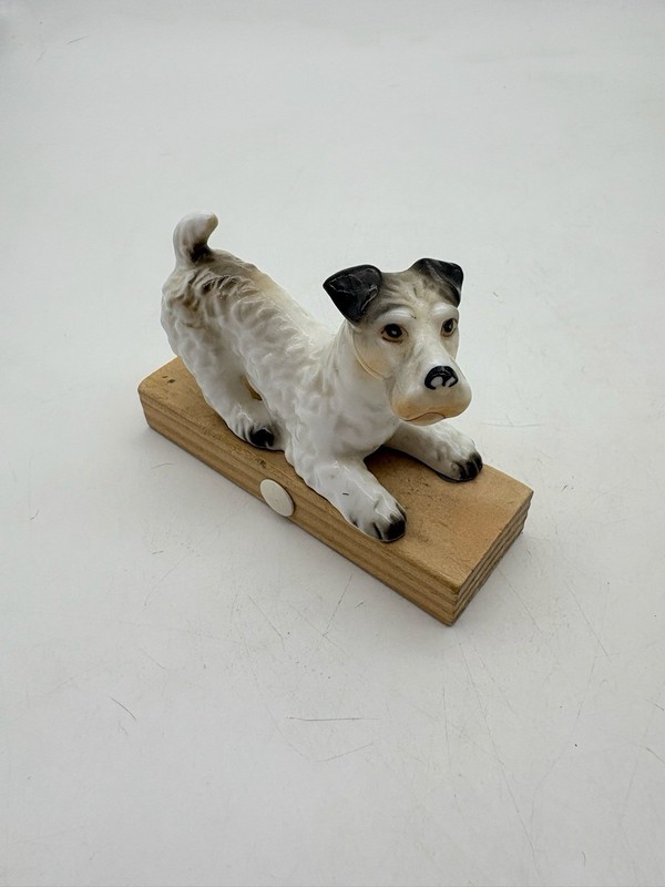 Vintage Japan FOX TERRIER Dog Porcelain Figurine Mounted On Wood