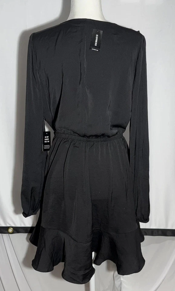 Express NWT Black long sleeve Satin faux wrap ruffle dress Med Party Holiday - Image 2 of 4