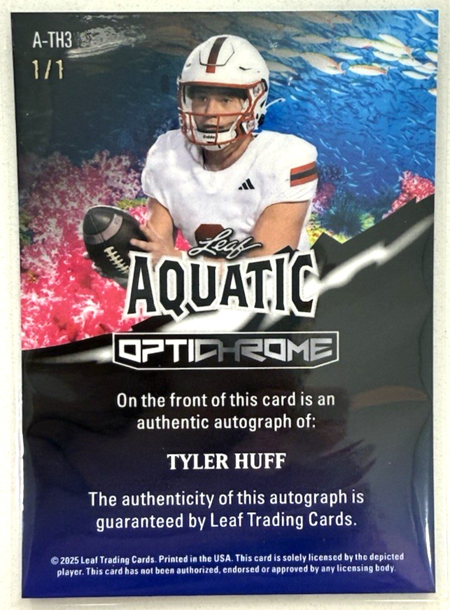 2025 Leaf Optichrome Football Aquatic Shark Laser Auto 1/1 Tyler Huff #A-TH3 view 2