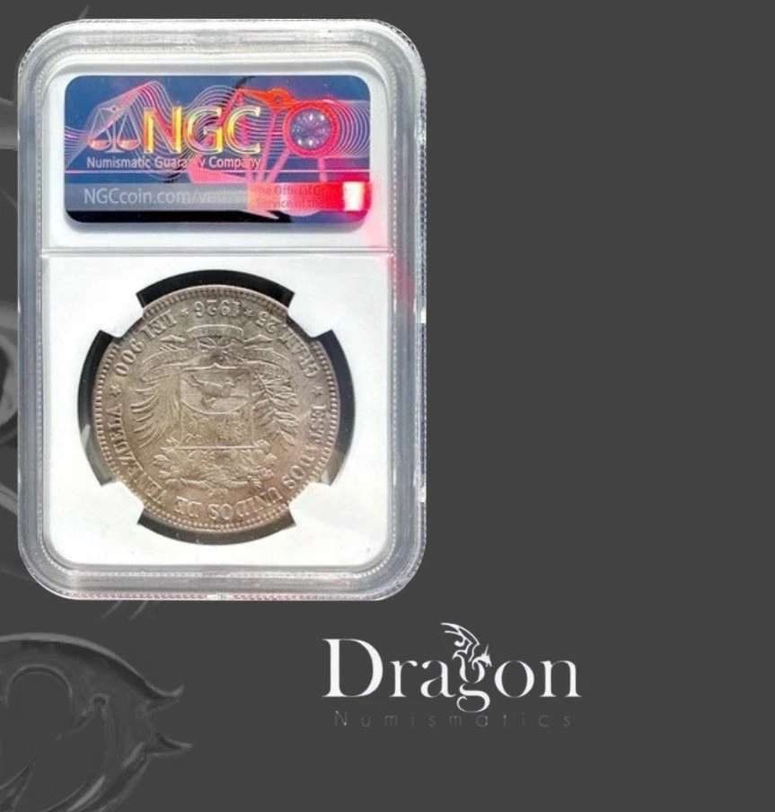 MONEDA CORONA PLATA ANTIGUA VENEZUELA 5 BOLÍVARES 1926 AU 58 25 GRS 0.900 NGC Foto 4 de 4
