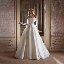 Custom Shimmering Sequin Wedding Dress Off-the-Shoulder Long Sleeves Shiny Satin