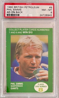 #ad 1990 British Petroleum #8 Phil Simms PSA 8 POP 1 Ad on Back $49.99