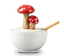 Mushroom Salt Cellar With Lid Ceramic Salt Box White Salt Bowl Salt Container...