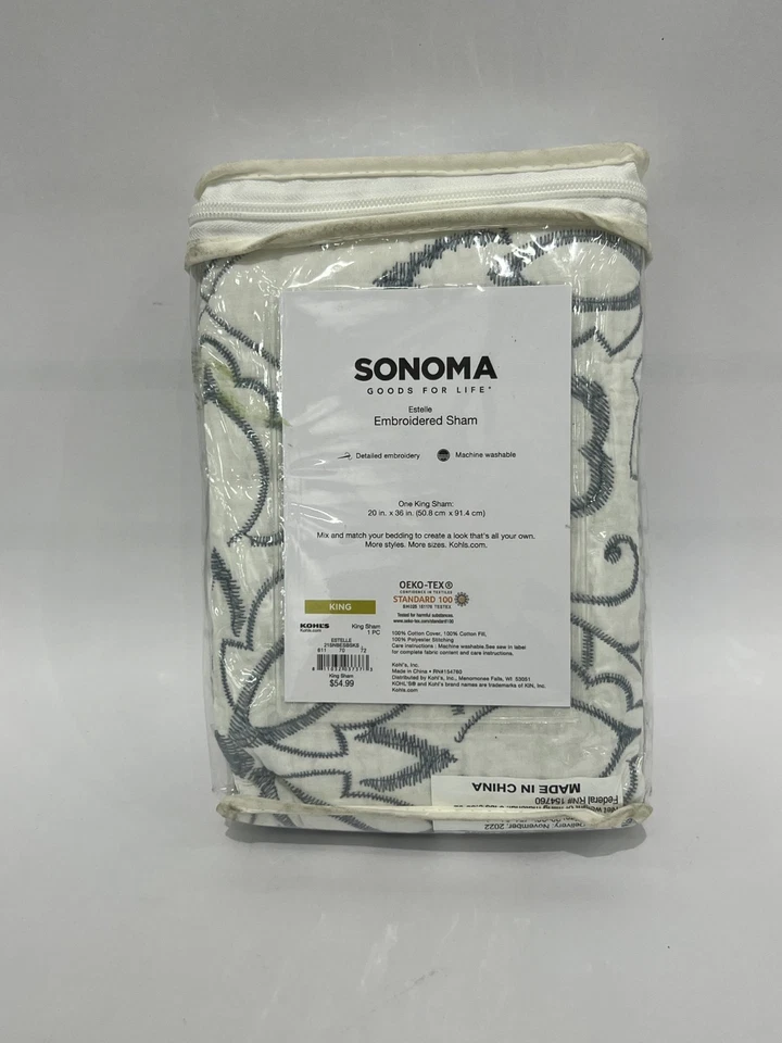 Sonoma Goods for Life Estelle Blanco Gris Bordado Falsa King Size 20"x36" NUEVO Foto 2 de 3