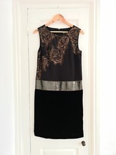 M&S Per Una black dress velvet beaded gold bronze floral size 10 festive