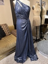 Rene Ruiz Women One-Shoulder Sequin Long Gown Blue Slit Draped Waist Sz14 1395