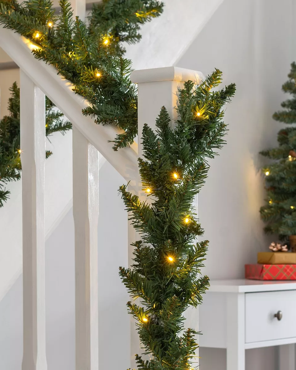 12 ft Pre Lit Garland Warm White LEDs Indoor Xmas Stairs