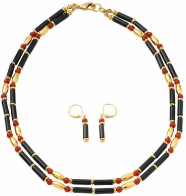 Egyptian Tigris Black Onyx & Carnelian Double Strand Necklace and  Earring Set
