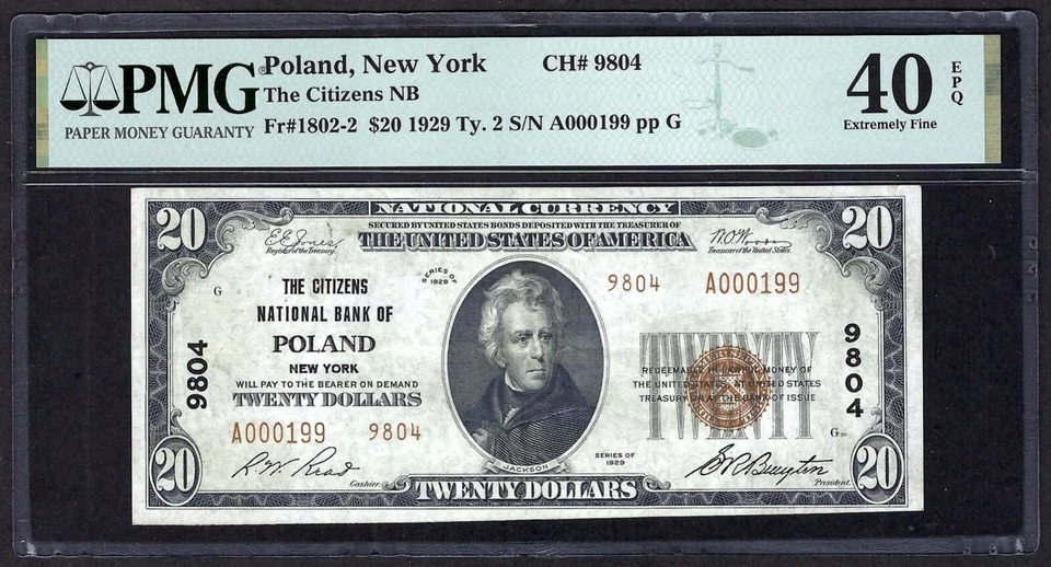 🇺🇸NY 1929 $20 TYPE-2 ♚♚POLAND,NEW YORK♚♚ PMG EX FINE 40 EPQ BEST KNOWN, SCARCE - Image 2 of 3