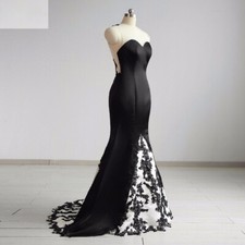 Black Satin Lace Mermaid Wedding Dresses Chapel Train Sleeveless Bridal Gowns