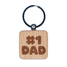 1 Dad Number One Father's Day Engraved Wood Square Keychain Tag Charm