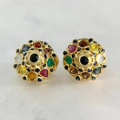 Vintage 14K Yellow Gold Sapphire Emerald Ruby Multi-Stone Thai Princess Earrings - Image 1 of 4