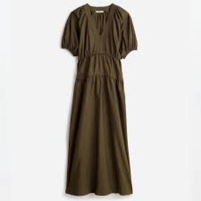Madewell Puff Sleeve Midi Dress in Poplin- Faded Ivy- Women's Medium-NWT