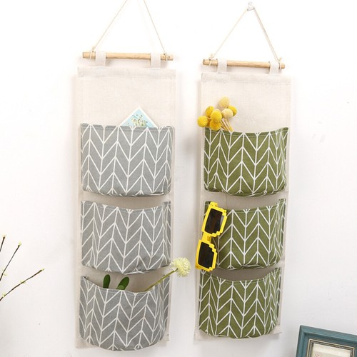 3 Pockets Cotton Linen Wall Door Closet Hanging Storage Bag Clothes Organizer