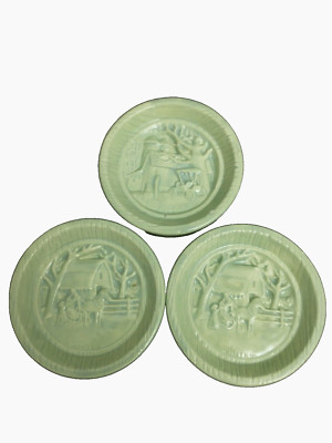 Duncan Enterprise 3 VTG Ceramic Green Coasters Horse Sleigh Barn Silo 1982''READ''