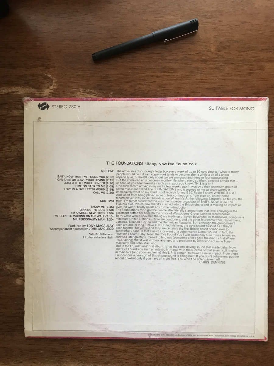 FOUNDATIONS: “BABY, NOW THAT I'VE FOUND YOU” (1968) UNI CATALOG