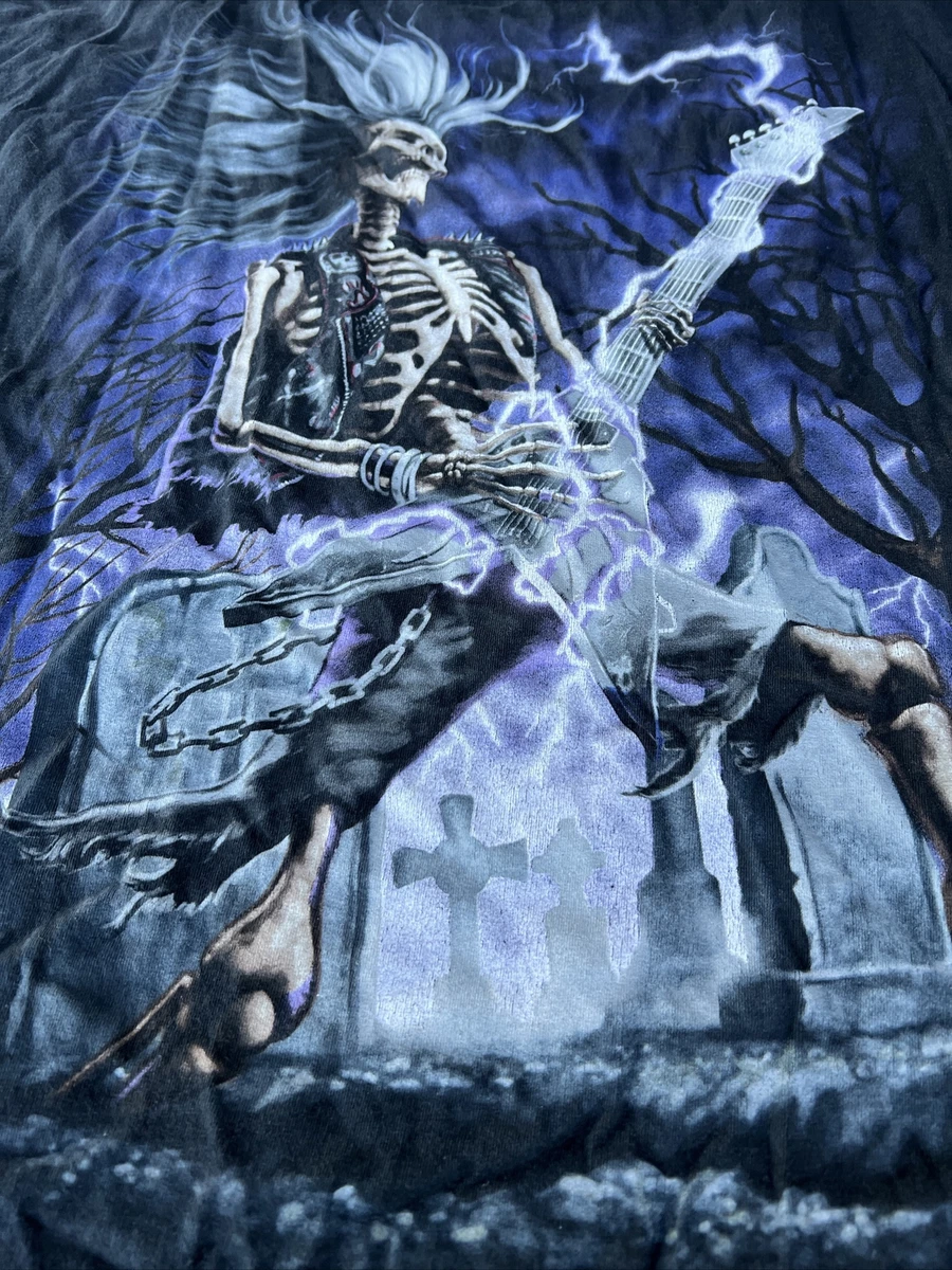 Skeleton Guitar Rock T Shirt Men Black Graveyard Halloween