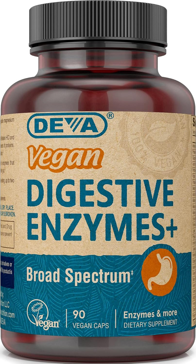 DEVA Vegan Digestive Enzymes+ Supplement, Blend of Enzymes & Herbs - 90 Capsules