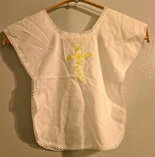 Handmade Vintage Christening Bib White Lace Trim Embroidered Cross Sleeveless