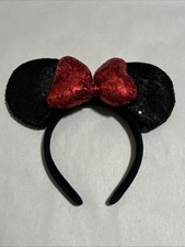 DISNEY MICKEY MINNIE MOUSE BLACK  RED SEQUIN HEADBAND MOUSE EARS  BOW