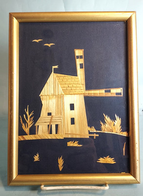 Vintage Straw Pictures Windmill Textured Diorama Wall Art European w/ History