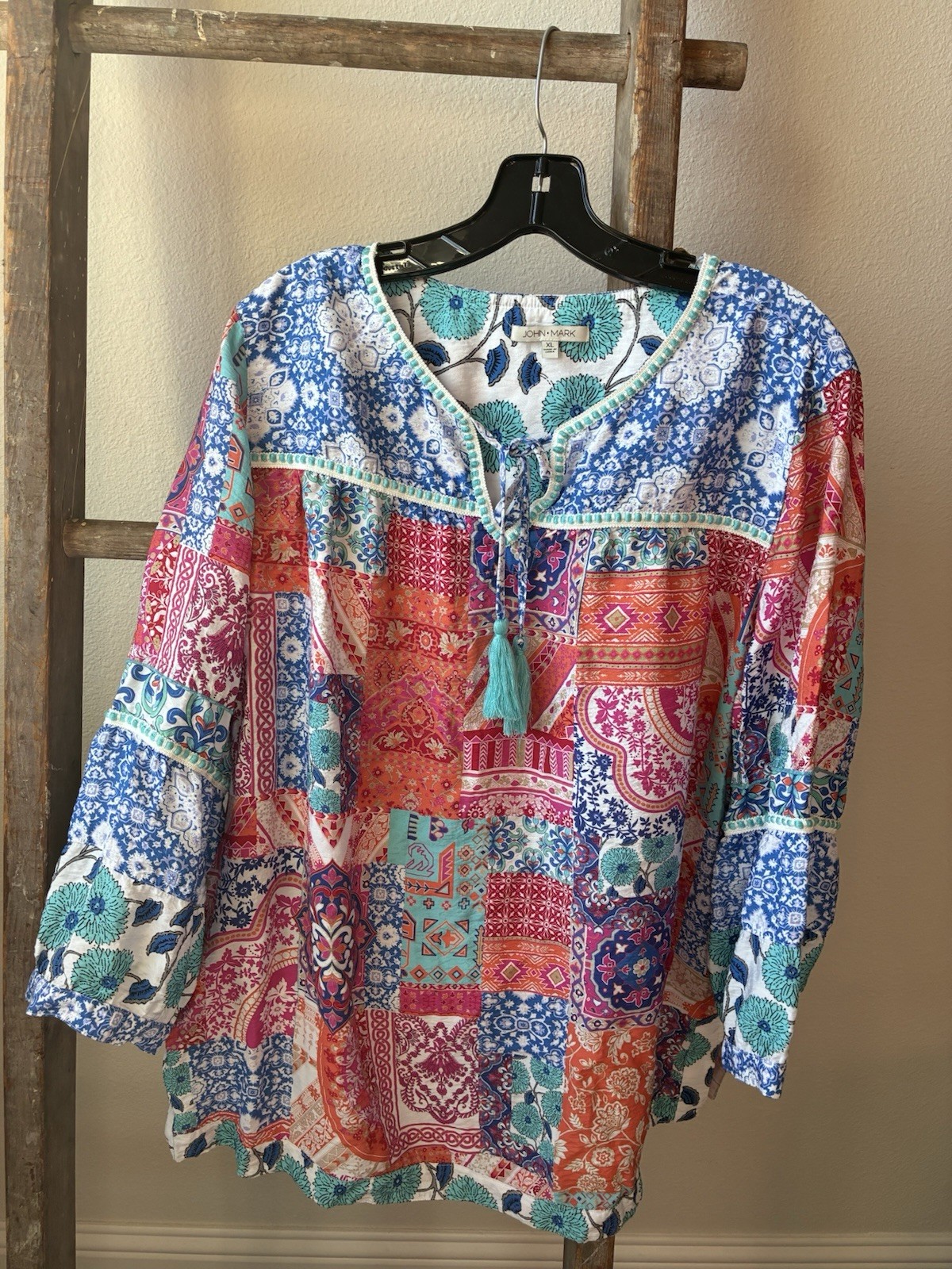 John Mark Top Size XL Tunic Patchwork Tasseled Co… - image 1