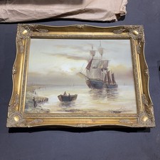 Vintage Oil On Canvas Maritime Painting Ship On The Ocean Signed Gold Frame