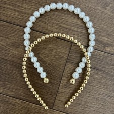 Set 2 Women  s/girls Faux Plastic Pearl Beads Costume Headband Gold / White Pearl