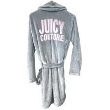 Juicy Couture Ultra Plush Robe Gray Pink Logo Embroidered Sleepwear S M
