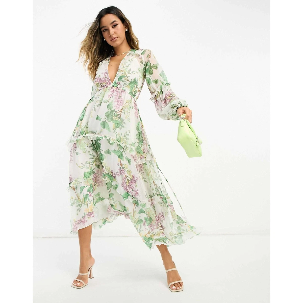 asos green dress with flowers ASOS DESIGN Cami Mesh Maxi Dress With Sash In Blue Smudge Floral Print