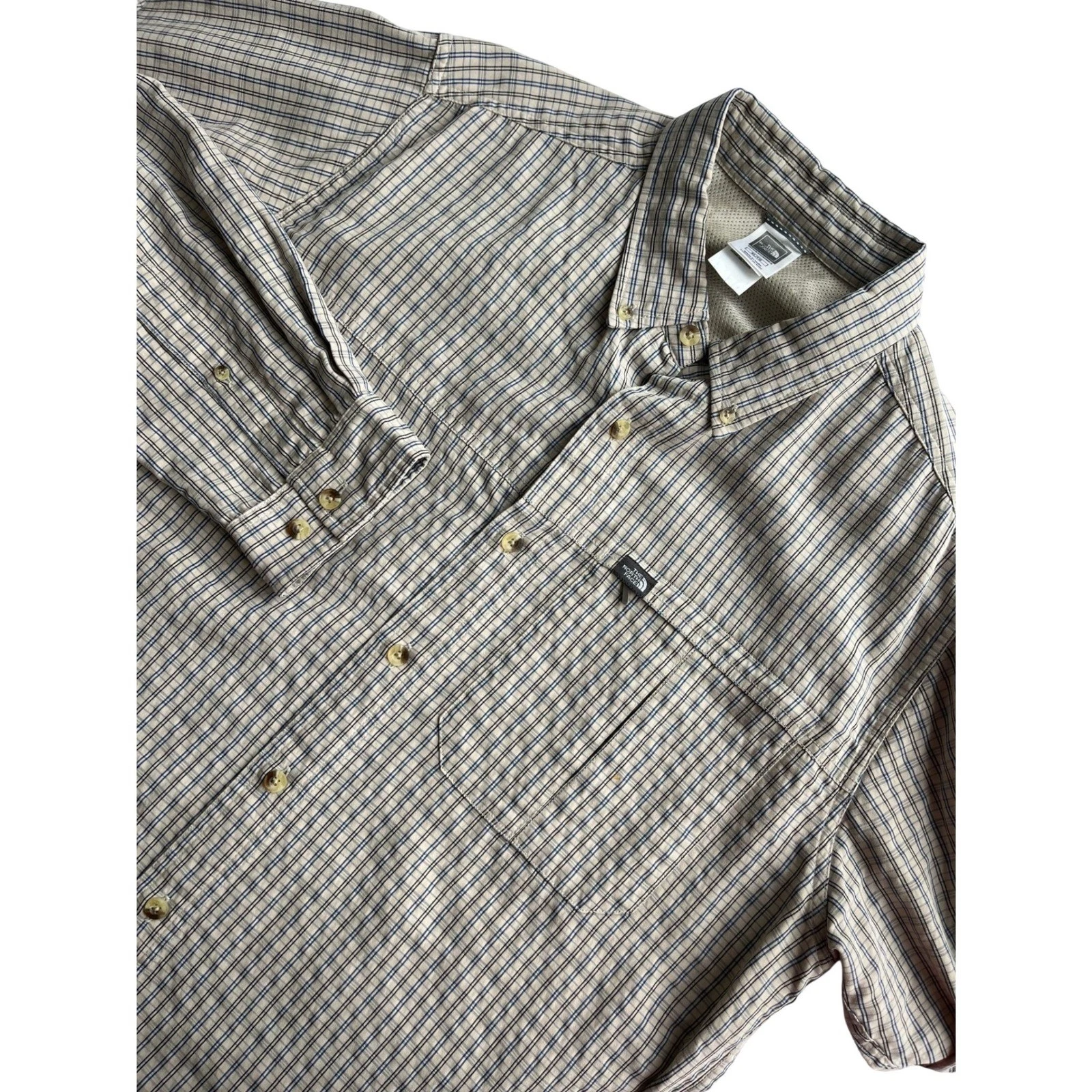 The North Face Mens XL Tan Blue Plaid Modal Blend Roll Tab Hiking Shirt Long Slv