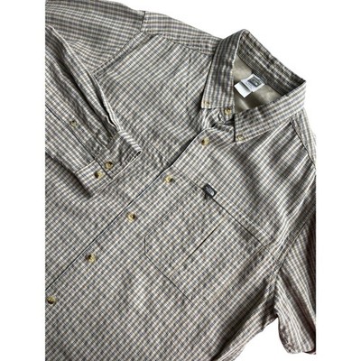 The North Face Mens XL Tan Blue Plaid Modal Blend Roll Tab Hiking Shirt Long Slv